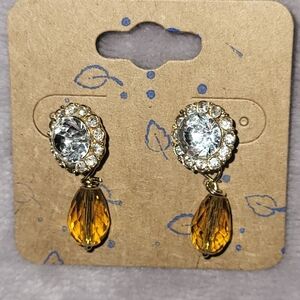 Post earring amber colored drop Clear CZs
